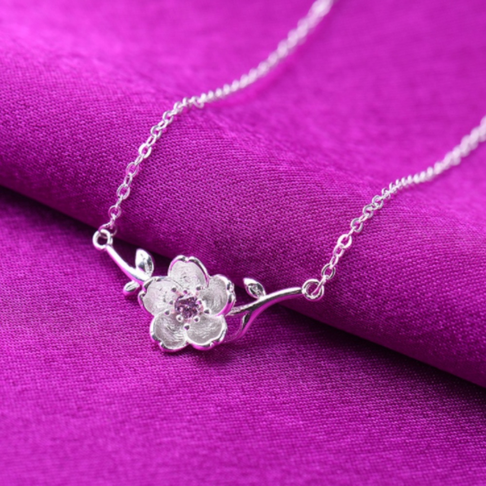 Tiny Sterling Silver Diamond Flower Necklace, - image 1